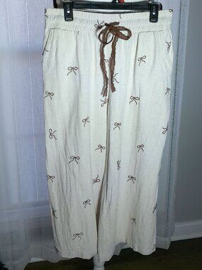 UMGEE Pull-On Elastic Waist Cream w/Brown Bows Linen/Cotton Capri Pants L